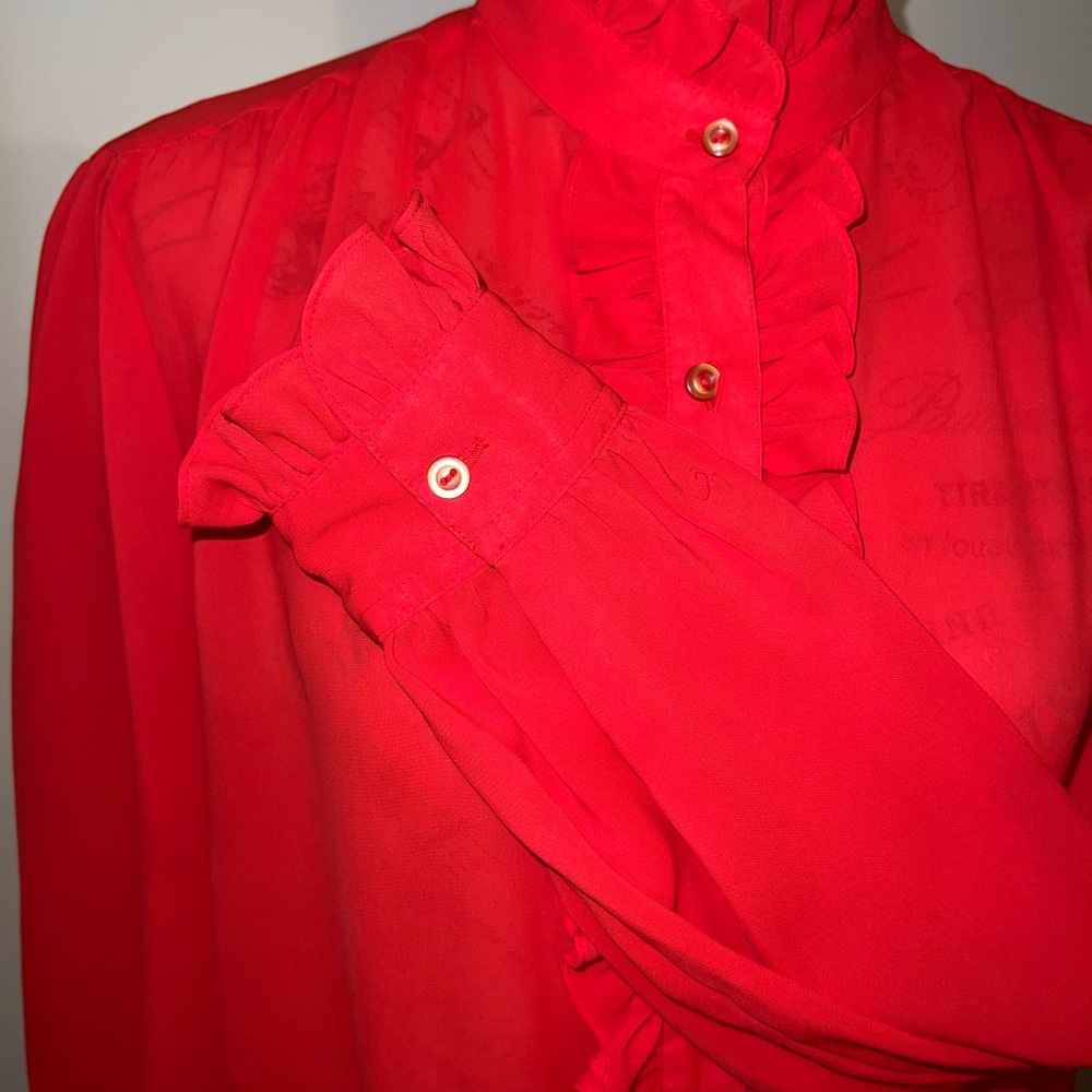 Alicia Vintage Red Ruffle High Neck Blouse Secretary Victorian Romantic Size 14 - Picture 6 of 11